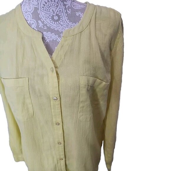 Talbots Top Yellow Gauzy Button Up Roll Tab Sleeves Lightweight Women's Medium - Picture 2 of 9